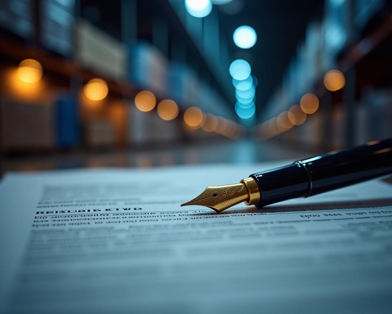 Close up of a professional contract with a golden fountain pen, representing logistics agreements