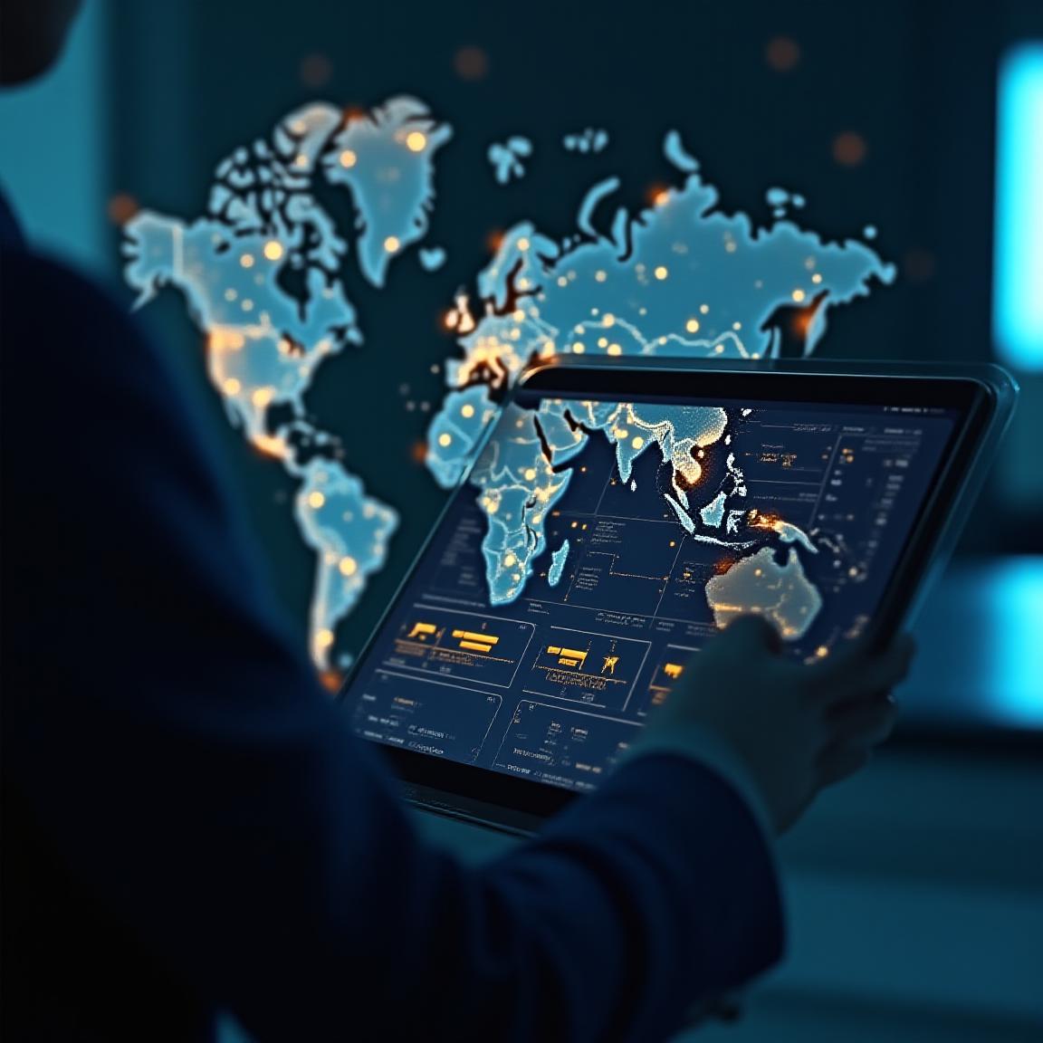 Modern logistics strategy meeting with digital maps